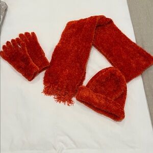 Knit Hat Gloves Scarf Set super soft stretch material gorgeous orange color